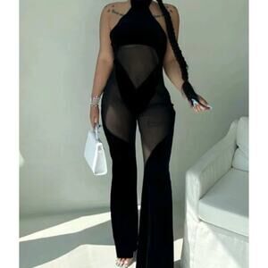 Black Contrast Mesh Velvet Sheer Halter Neck Open Back Flare Leg Jumpsuit Size L